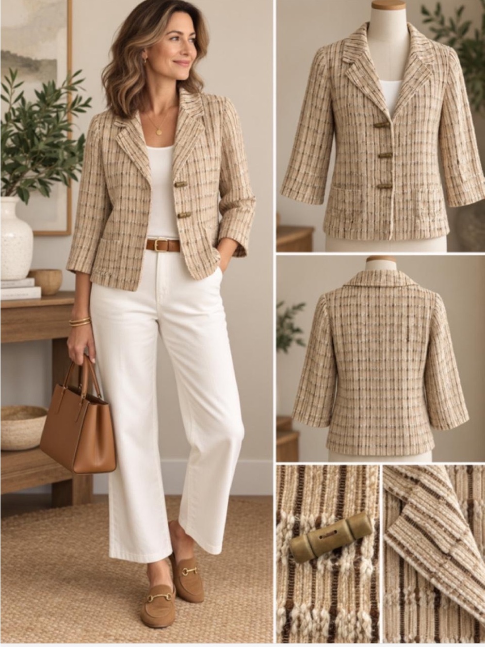 J.Jill Textured Cotton Silk Blend Jacket Blazer Size Small Tan Cream Stripe